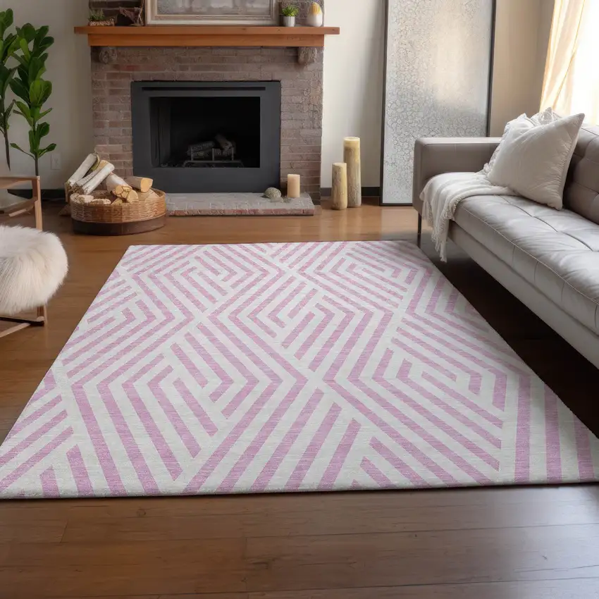 Pink And Ivory Geometric Washable Area Rug With UV Protection Photo 6
