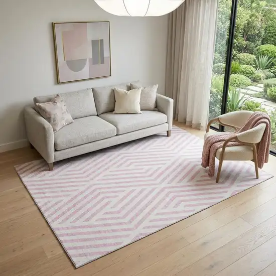 Pink And Ivory Geometric Washable Area Rug With UV Protection Photo 1