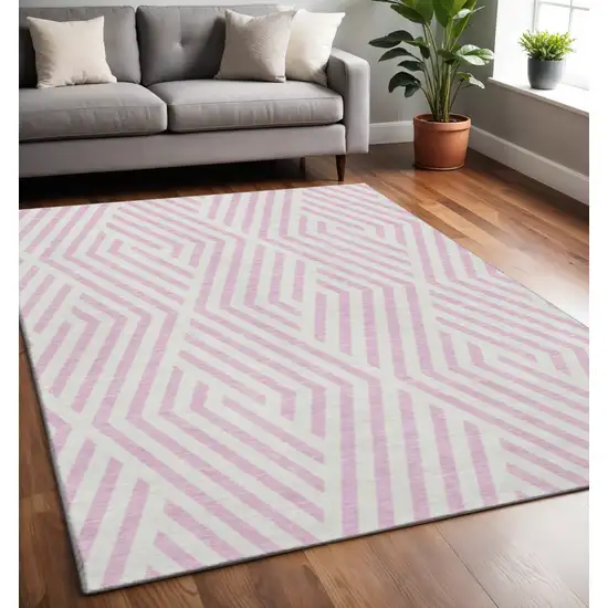 Pink And Ivory Geometric Washable Area Rug With UV Protection Photo 2