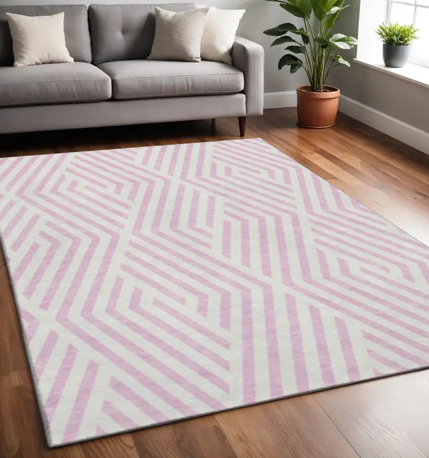 Pink And Ivory Geometric Washable Area Rug With UV Protection Photo 2