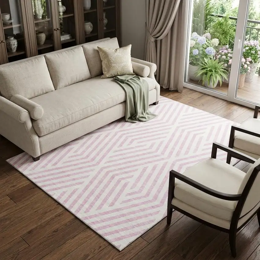 Pink And Ivory Geometric Washable Area Rug With UV Protection Photo 1