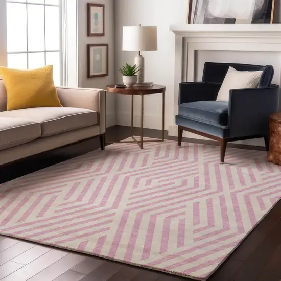 Pink And Ivory Geometric Washable Area Rug With UV Protection Photo 4