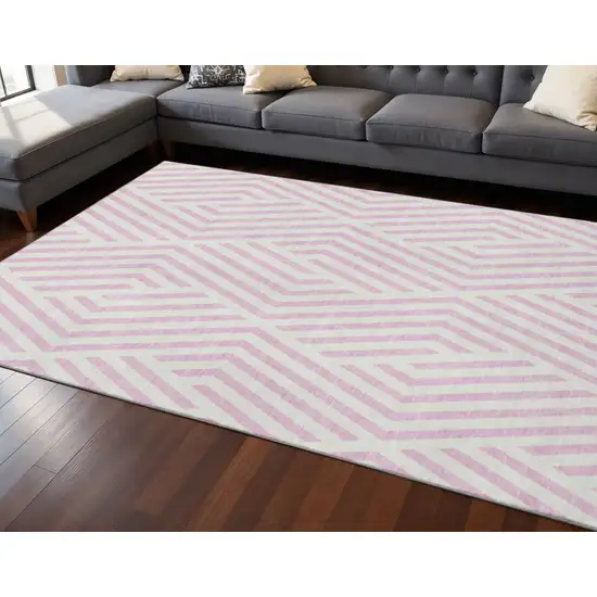 Pink And Ivory Geometric Washable Area Rug With UV Protection Photo 2