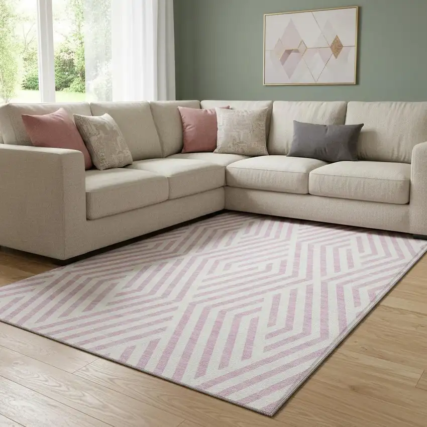Pink And Ivory Geometric Washable Area Rug With UV Protection Photo 1