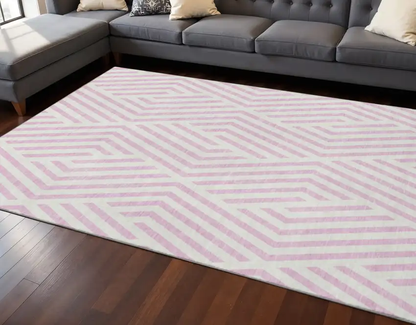 Pink And Ivory Geometric Washable Area Rug With UV Protection Photo 2