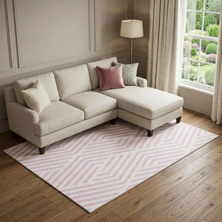 Pink And Ivory Geometric Washable Area Rug With UV Protection Photo 1