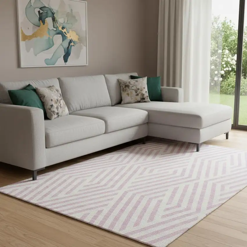 Pink And Ivory Geometric Washable Area Rug With UV Protection Photo 2