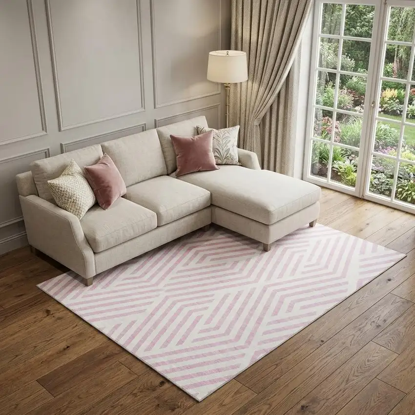 Pink And Ivory Geometric Washable Area Rug With UV Protection Photo 1