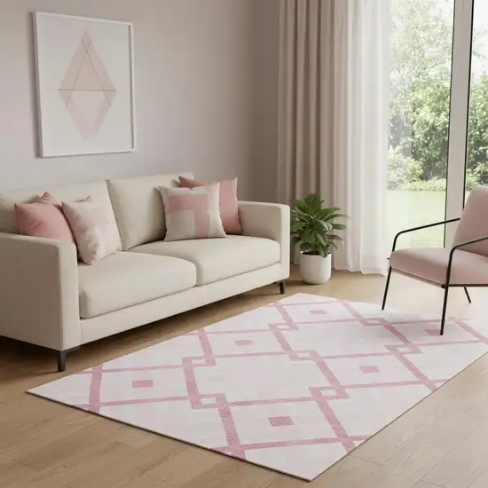 Pink And Ivory Geometric Washable Area Rug With UV Protection Photo 1