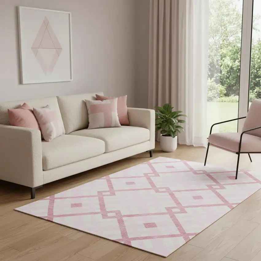Pink And Ivory Geometric Washable Area Rug With UV Protection Photo 1