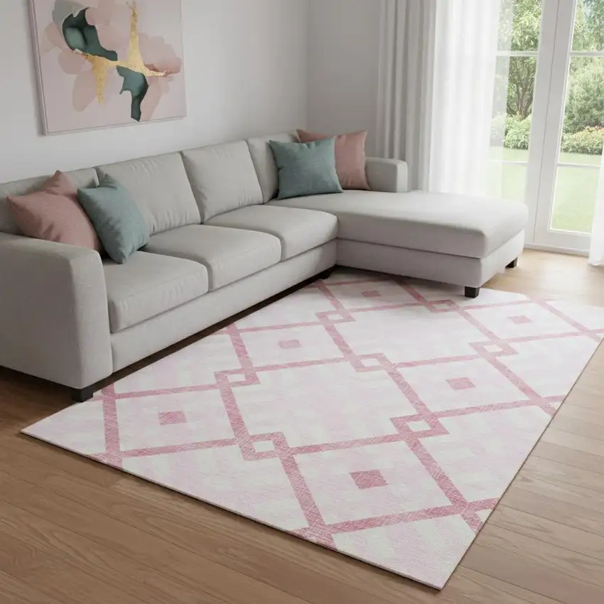 Pink And Ivory Geometric Washable Area Rug With UV Protection Photo 1