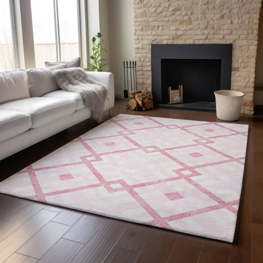 Pink And Ivory Geometric Washable Area Rug With UV Protection Photo 5