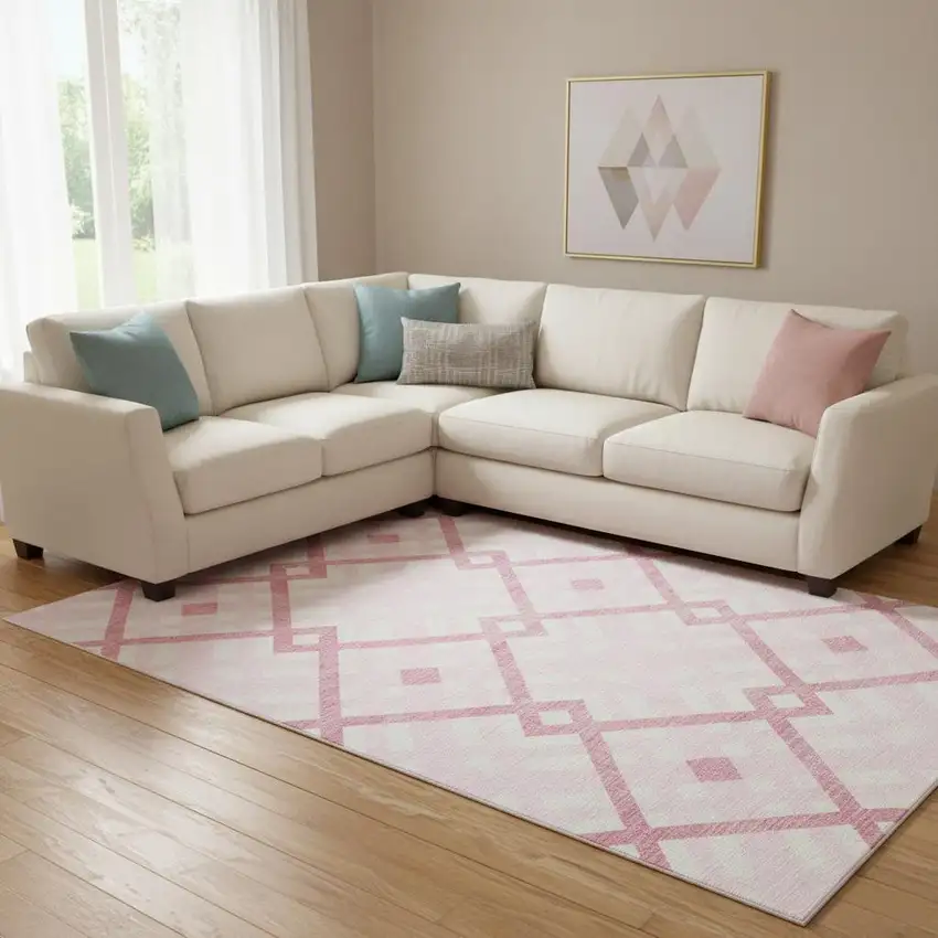 Pink And Ivory Geometric Washable Area Rug With UV Protection Photo 1