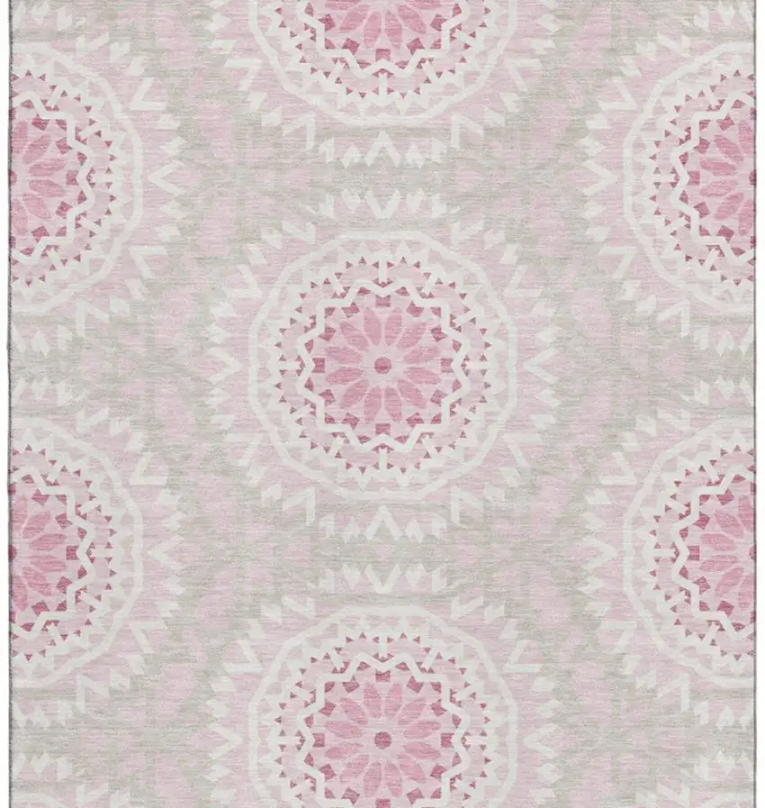 Pink And Ivory Geometric Washable Area Rug With UV Protection Photo 4