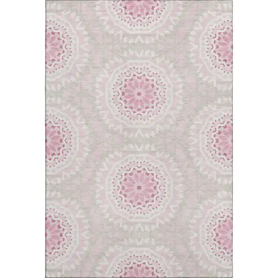 Pink And Ivory Geometric Washable Area Rug With UV Protection Photo 1