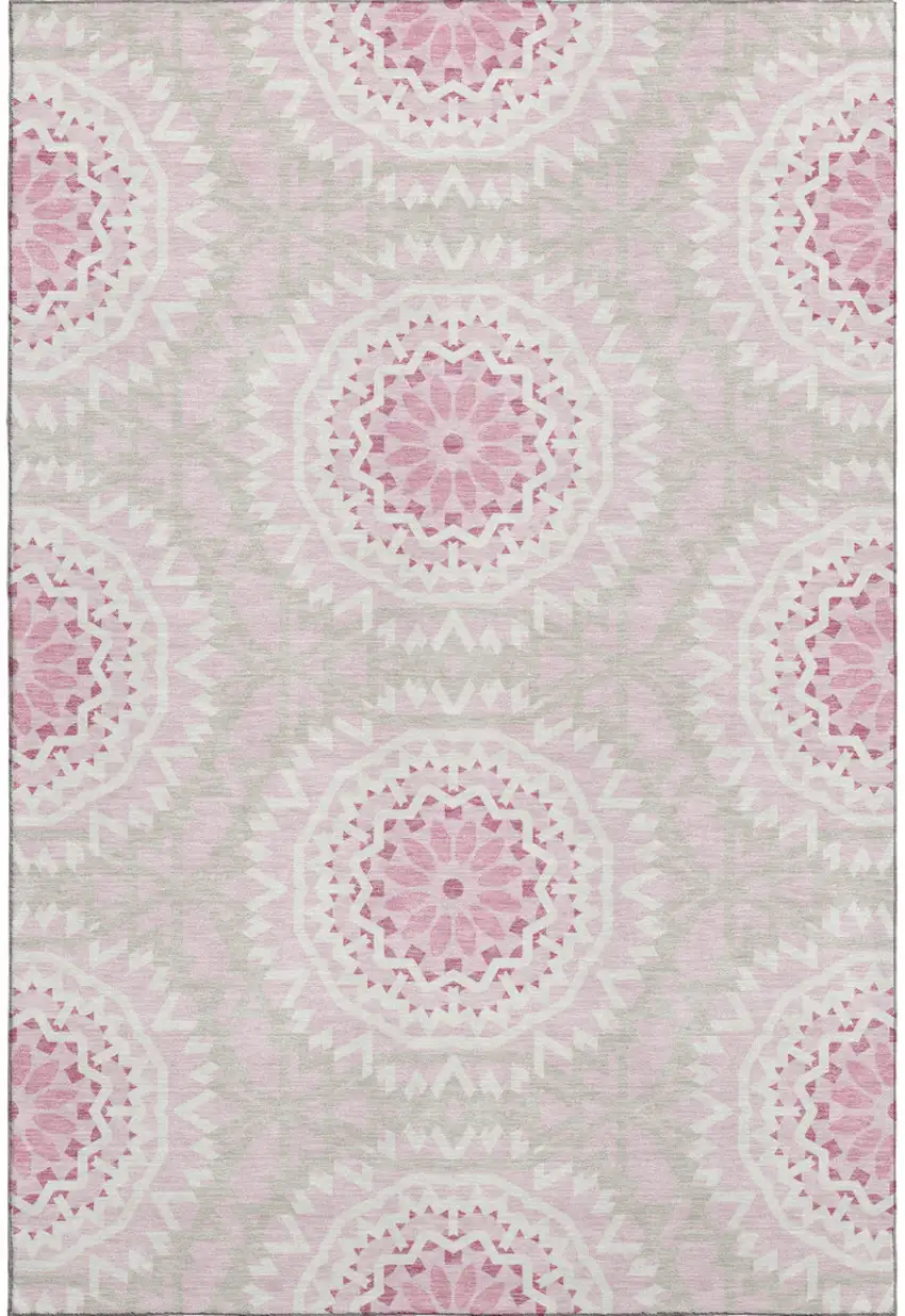 Pink And Ivory Geometric Washable Area Rug With UV Protection Photo 1