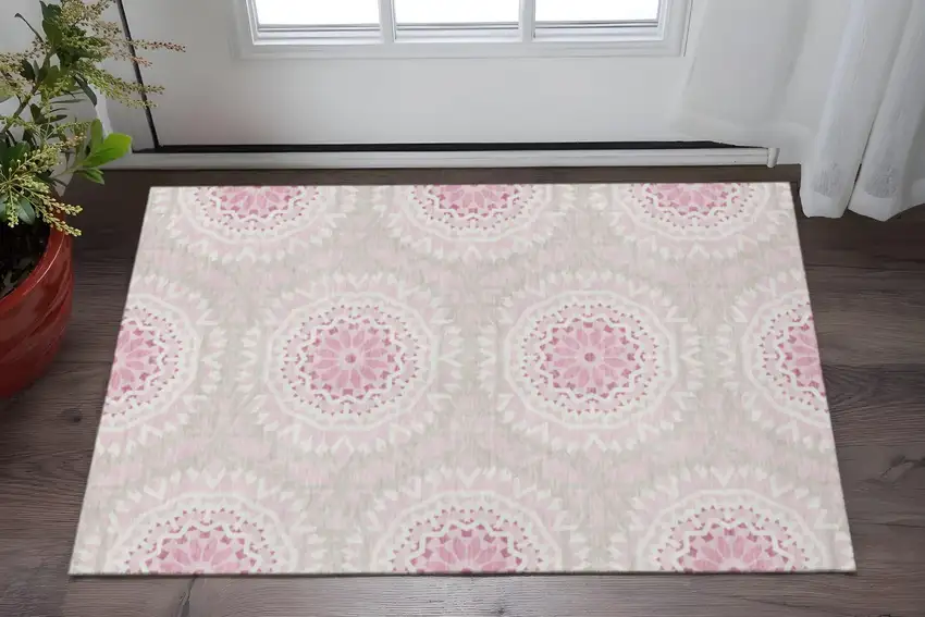 Pink And Ivory Geometric Washable Area Rug With UV Protection Photo 2