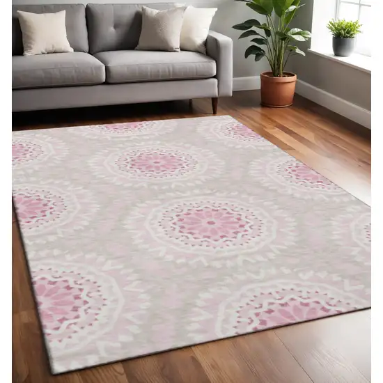 Pink And Ivory Geometric Washable Area Rug With UV Protection Photo 2