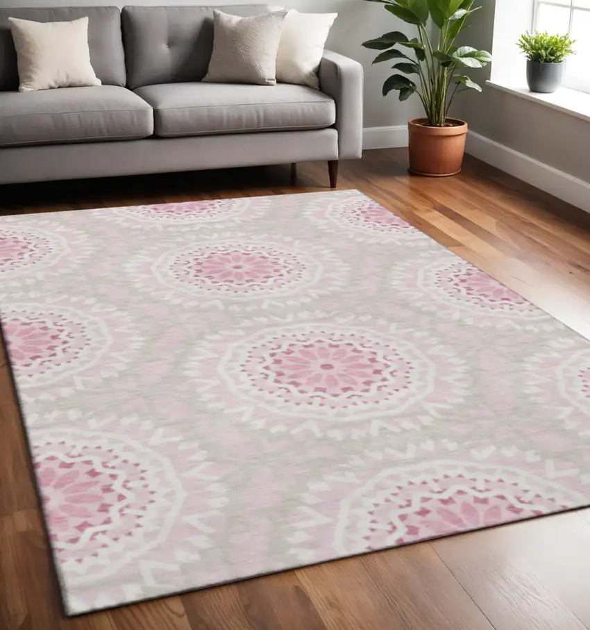 Pink And Ivory Geometric Washable Area Rug With UV Protection Photo 2