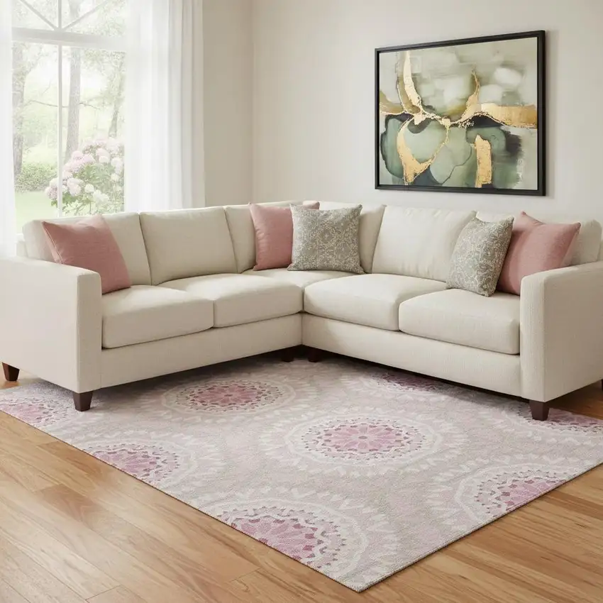 Pink And Ivory Geometric Washable Area Rug With UV Protection Photo 1