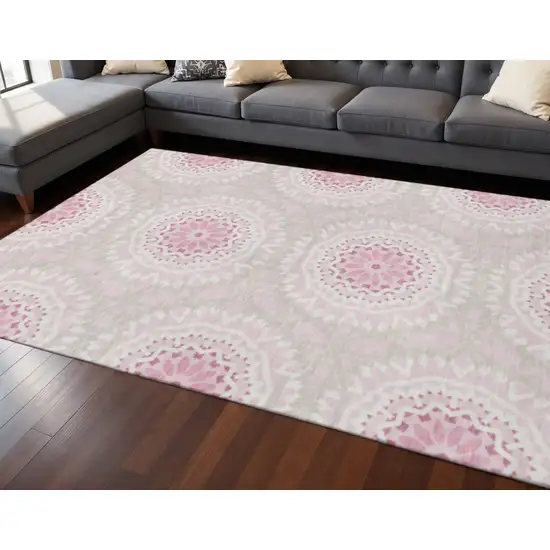 Pink And Ivory Geometric Washable Area Rug With UV Protection Photo 2