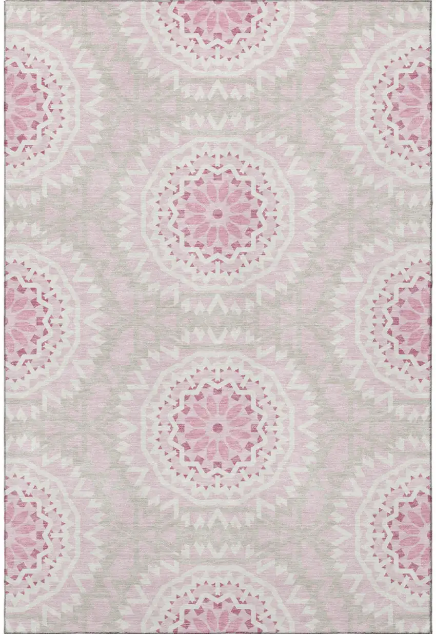 Pink And Ivory Geometric Washable Area Rug With UV Protection Photo 4