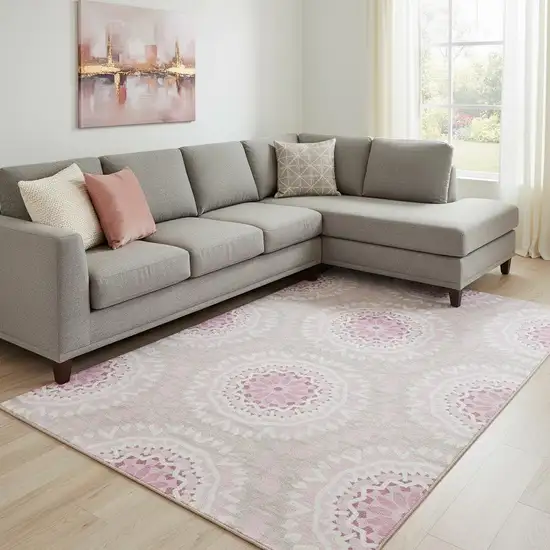 Pink And Ivory Geometric Washable Area Rug With UV Protection Photo 1