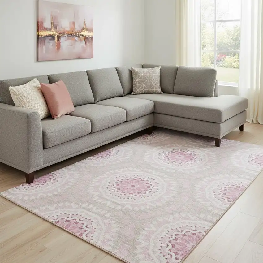 Pink And Ivory Geometric Washable Area Rug With UV Protection Photo 1