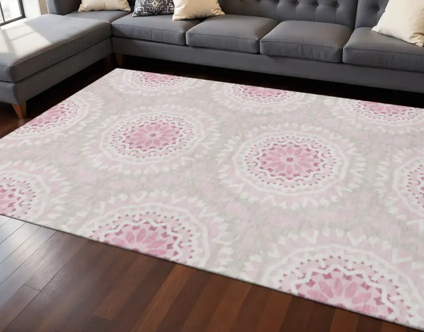 Pink And Ivory Geometric Washable Area Rug With UV Protection Photo 2