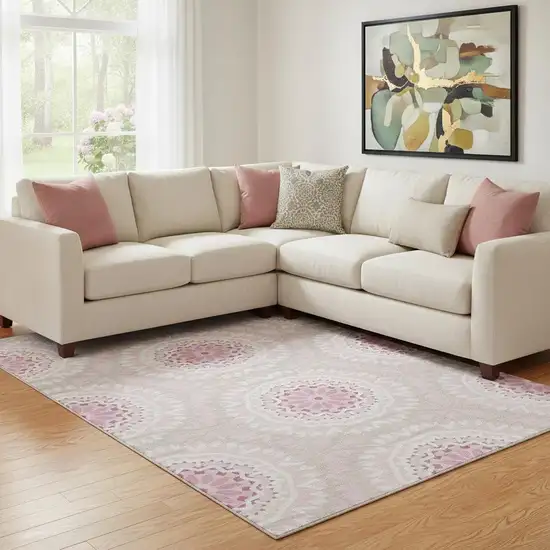 Pink And Ivory Geometric Washable Area Rug With UV Protection Photo 1