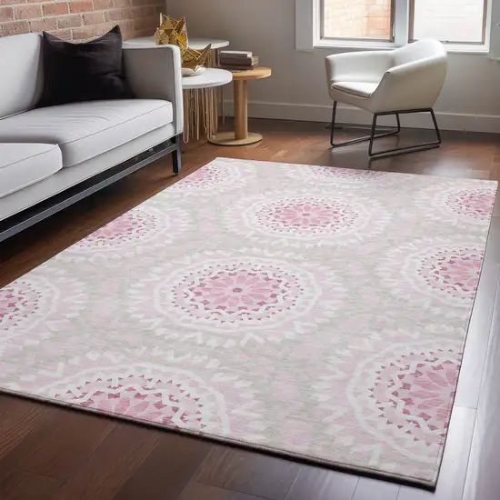 Pink And Ivory Geometric Washable Area Rug With UV Protection Photo 5