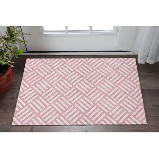 Pink And Ivory Geometric Washable Area Rug With UV Protection Photo 2