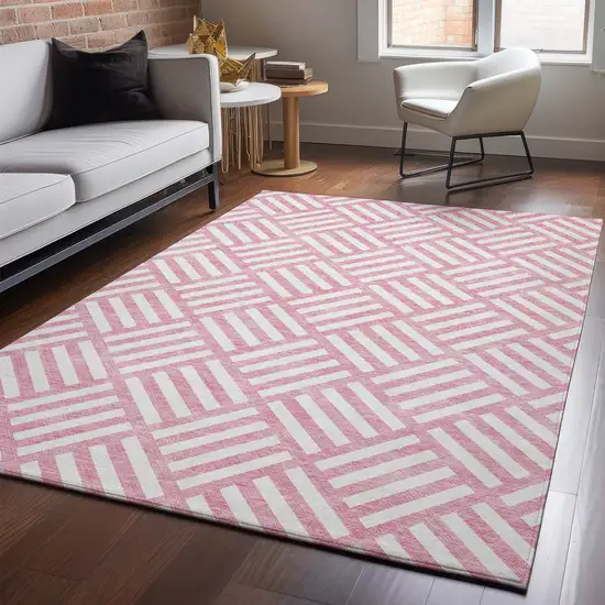Pink And Ivory Geometric Washable Area Rug With UV Protection Photo 4