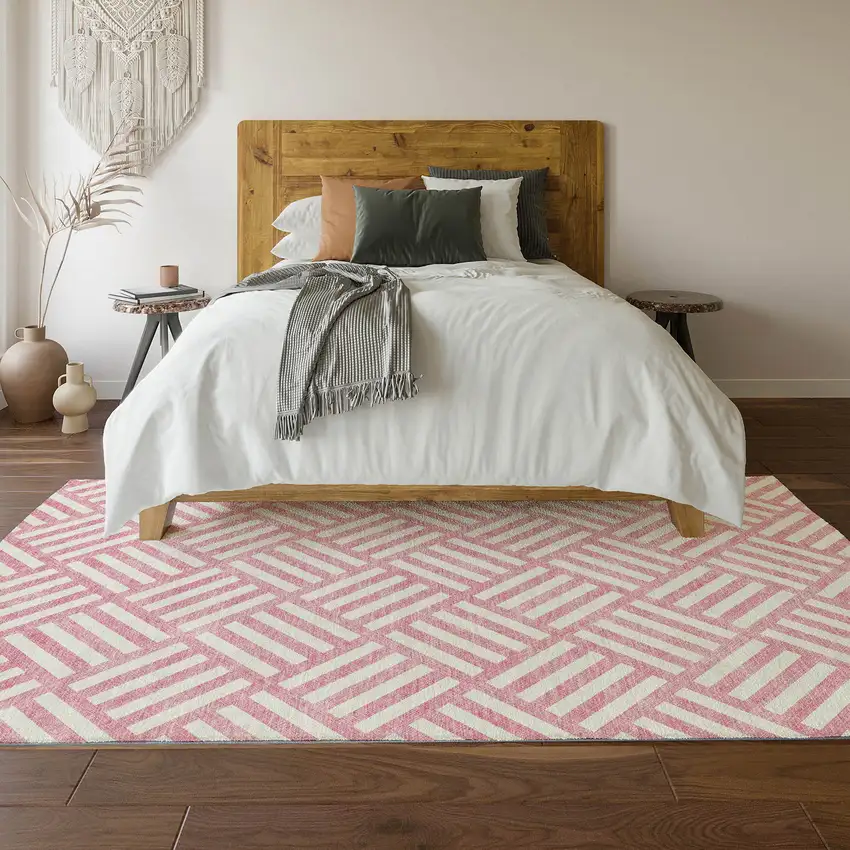 Pink And Ivory Geometric Washable Area Rug With UV Protection Photo 4
