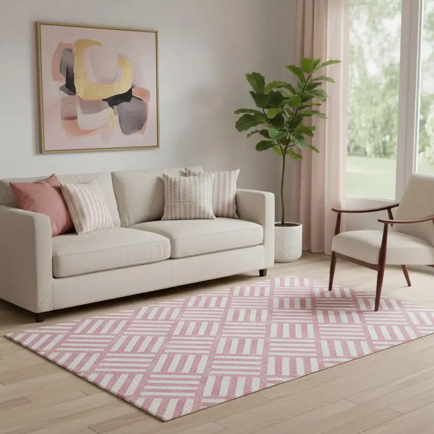 Pink And Ivory Geometric Washable Area Rug With UV Protection Photo 1