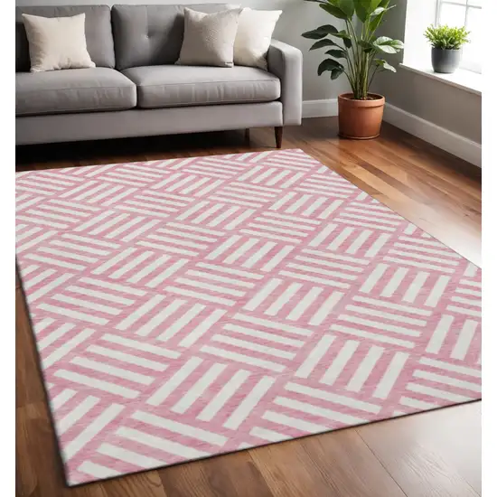 Pink And Ivory Geometric Washable Area Rug With UV Protection Photo 2
