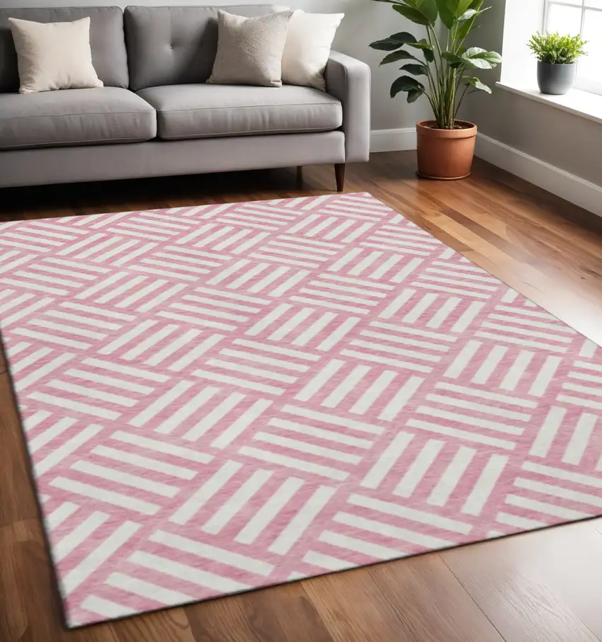 Pink And Ivory Geometric Washable Area Rug With UV Protection Photo 2