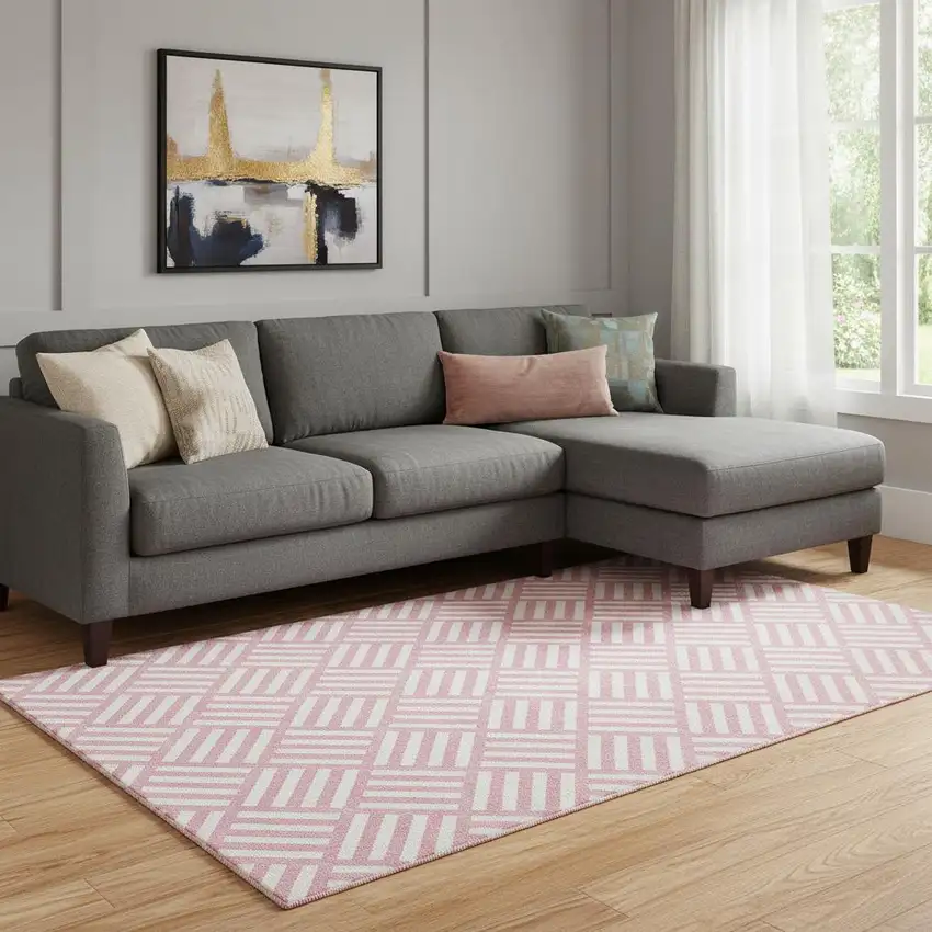 Pink And Ivory Geometric Washable Area Rug With UV Protection Photo 1