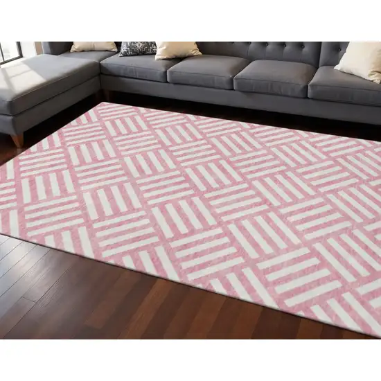 Pink And Ivory Geometric Washable Area Rug With UV Protection Photo 2
