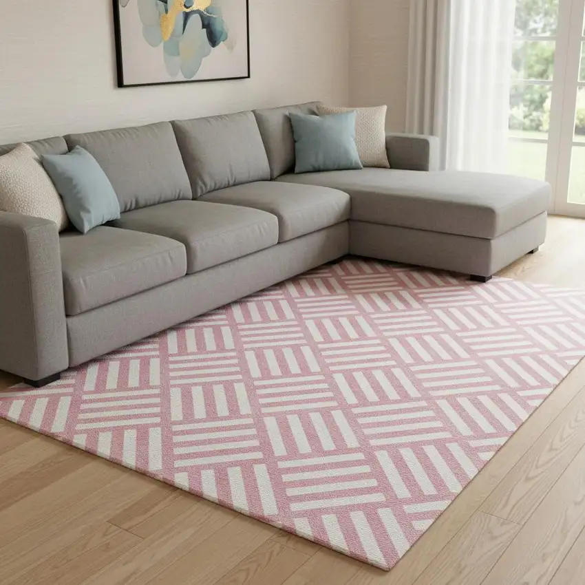 Pink And Ivory Geometric Washable Area Rug With UV Protection Photo 1