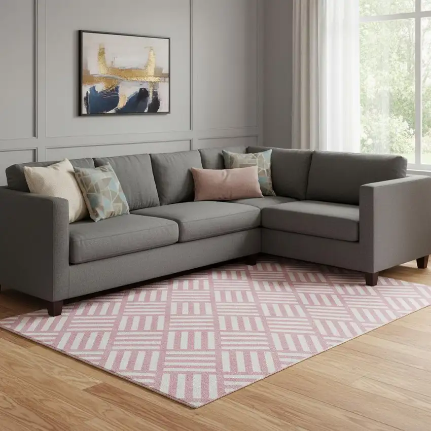 Pink And Ivory Geometric Washable Area Rug With UV Protection Photo 1