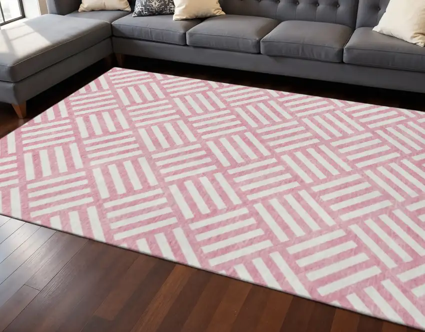 Pink And Ivory Geometric Washable Area Rug With UV Protection Photo 2