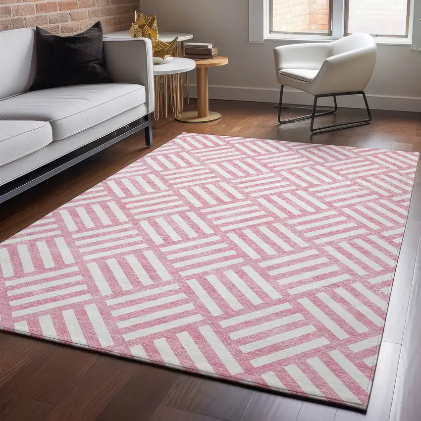Pink And Ivory Geometric Washable Area Rug With UV Protection Photo 3