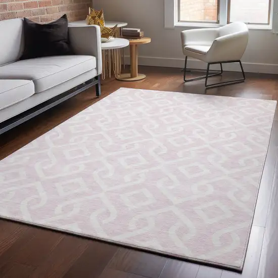 Pink And Ivory Geometric Washable Area Rug With UV Protection Photo 5