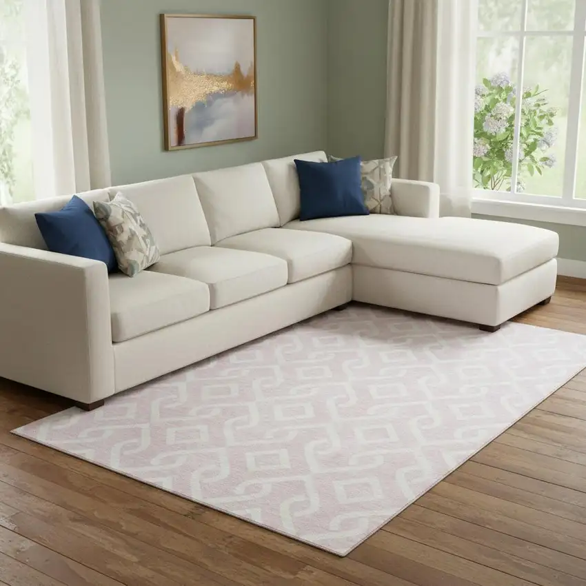 Pink And Ivory Geometric Washable Area Rug With UV Protection Photo 1