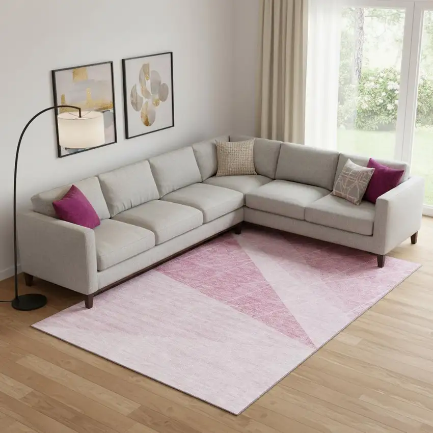 Pink And Ivory Geometric Washable Area Rug With UV Protection Photo 1