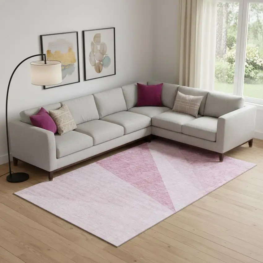 Pink And Ivory Geometric Washable Area Rug With UV Protection Photo 1
