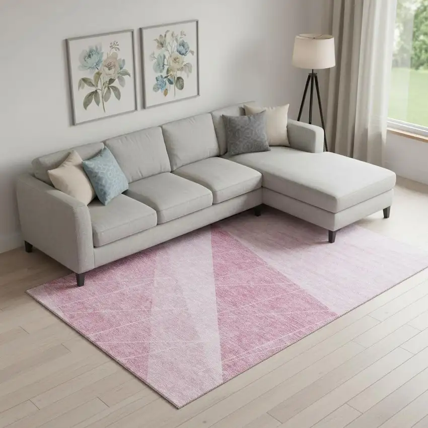 Pink And Ivory Geometric Washable Area Rug With UV Protection Photo 1