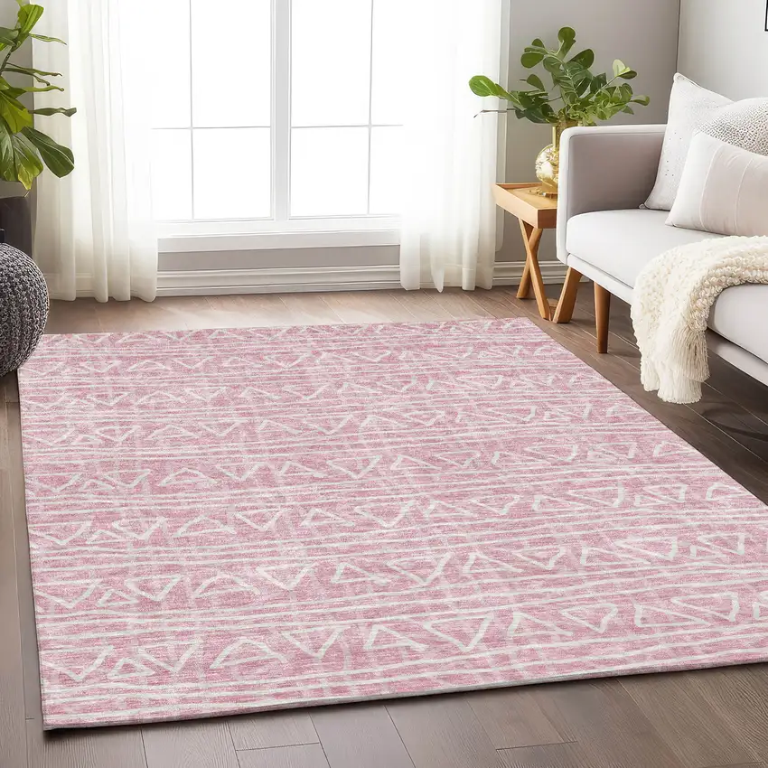 Pink And Ivory Geometric Washable Area Rug With UV Protection Photo 5