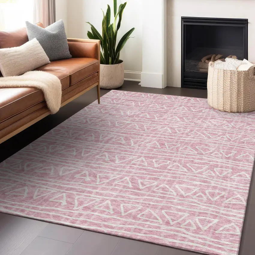 Pink And Ivory Geometric Washable Area Rug With UV Protection Photo 6